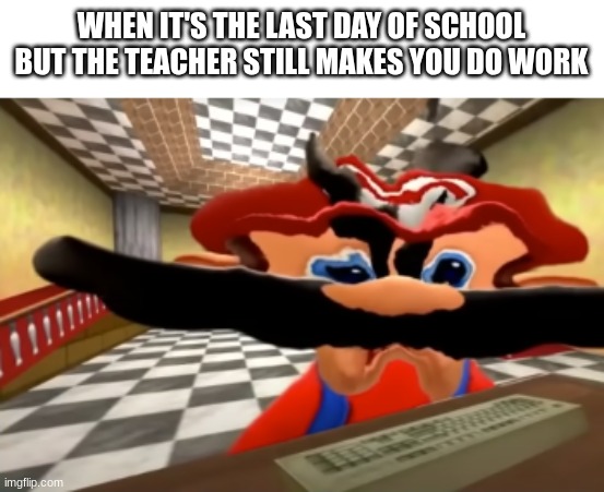 bruh | WHEN IT'S THE LAST DAY OF SCHOOL BUT THE TEACHER STILL MAKES YOU DO WORK | image tagged in mario disgusted | made w/ Imgflip meme maker