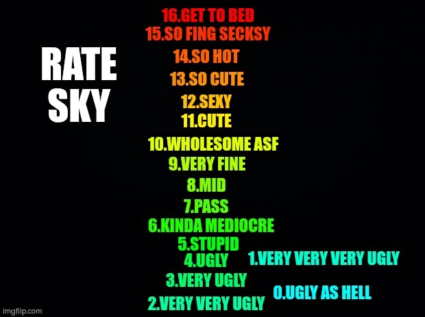 Rate Sky | RATE
SKY | image tagged in sex rating | made w/ Imgflip meme maker