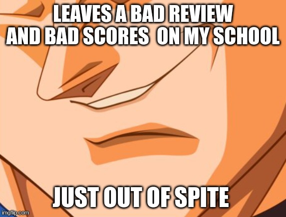 Vegeta evil smile | LEAVES A BAD REVIEW AND BAD SCORES  ON MY SCHOOL; JUST OUT OF SPITE | image tagged in vegeta evil smile | made w/ Imgflip meme maker