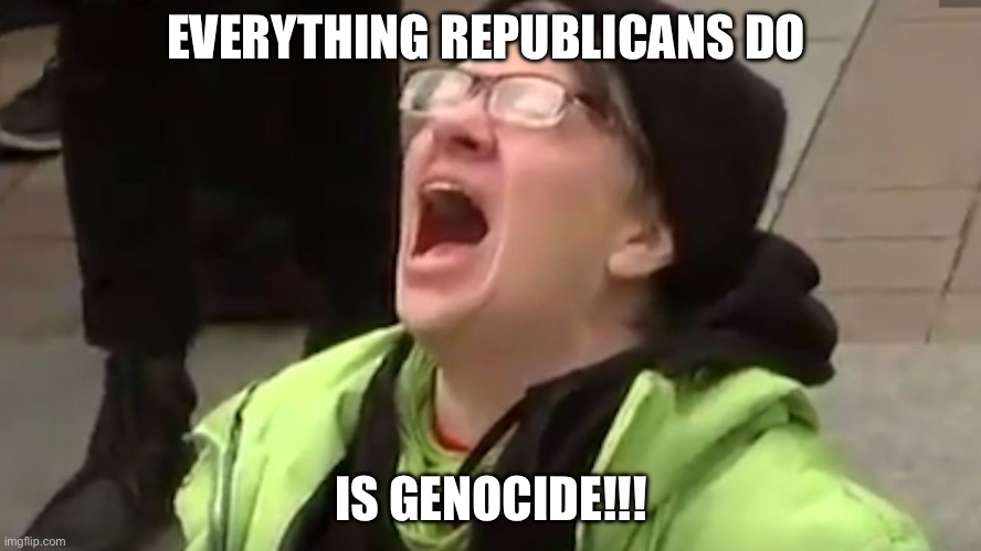 Screaming Liberal  | EVERYTHING REPUBLICANS DO; IS GENOCIDE!!! | image tagged in screaming liberal,genocide,democrats,politics,political meme | made w/ Imgflip meme maker