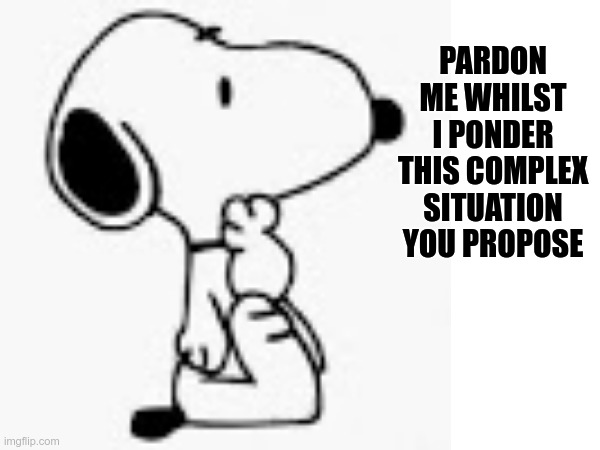 Snoopy ponders the situation | PARDON ME WHILST I PONDER THIS COMPLEX SITUATION YOU PROPOSE | image tagged in snoopy,pondering | made w/ Imgflip meme maker