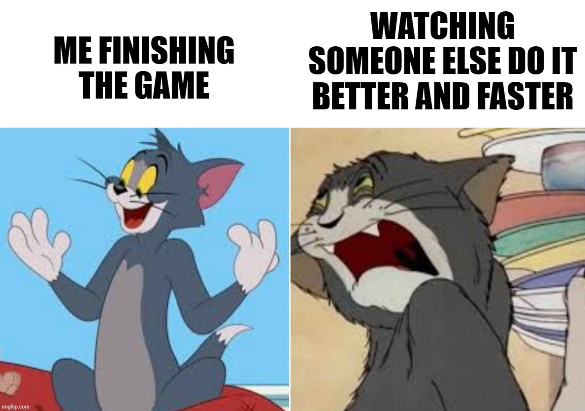 Not good enough | WATCHING SOMEONE ELSE DO IT BETTER AND FASTER; ME FINISHING THE GAME | image tagged in happy sad | made w/ Imgflip meme maker