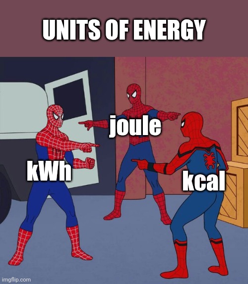 Spider Man Triple | UNITS OF ENERGY; joule; kWh; kcal | image tagged in spider man triple,physics,energy,school | made w/ Imgflip meme maker