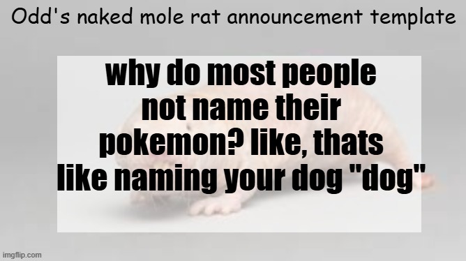 odd | why do most people not name their pokemon? like, thats like naming your dog "dog" | image tagged in odd | made w/ Imgflip meme maker