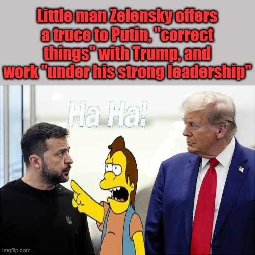 Littleman Zek | Little man Zelensky offers a truce to Putin, "correct things" with Trump, and work "under his strong leadership" | made w/ Imgflip meme maker