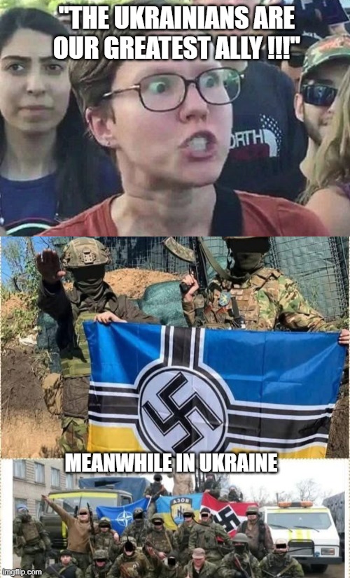 basically Nazi are not nazi only white conservatives are nazi.. accoring to liblibs | "THE UKRAINIANS ARE OUR GREATEST ALLY !!!"; MEANWHILE IN UKRAINE | image tagged in triggered liberal,funny memes,political meme,nazi | made w/ Imgflip meme maker