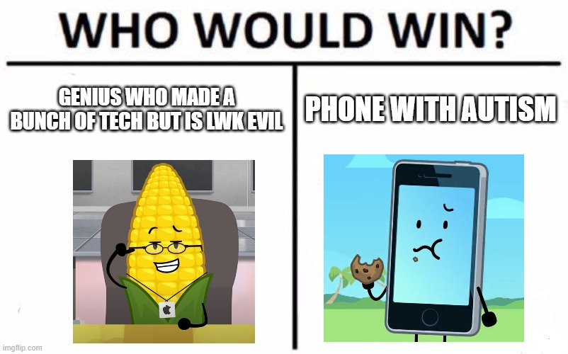 guys who would win? | GENIUS WHO MADE A BUNCH OF TECH BUT IS LWK EVIL; PHONE WITH AUTISM | image tagged in memes,who would win | made w/ Imgflip meme maker