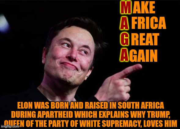 A South African White Supremacist Has Taken The United States | AKE; M
A
G
A; FRICA; REAT; GAIN; ELON WAS BORN AND RAISED IN SOUTH AFRICA DURING APARTHEID WHICH EXPLAINS WHY TRUMP, QUEEN OF THE PARTY OF WHITE SUPREMACY, LOVES HIM | image tagged in elon musk,maga,make africa great again,dumbasses,white supremacists,memes | made w/ Imgflip meme maker