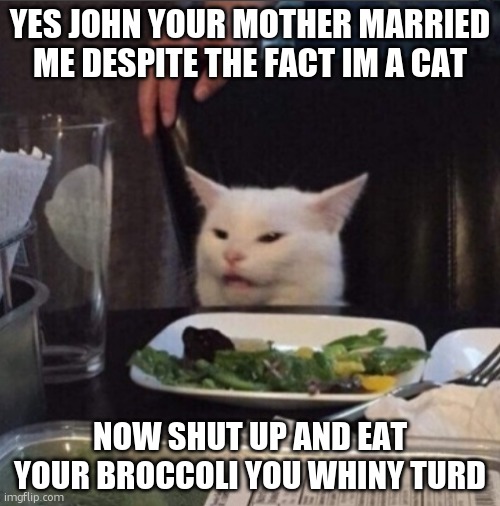 new family member | YES JOHN YOUR MOTHER MARRIED ME DESPITE THE FACT IM A CAT; NOW SHUT UP AND EAT YOUR BROCCOLI YOU WHINY TURD | image tagged in cat confused | made w/ Imgflip meme maker