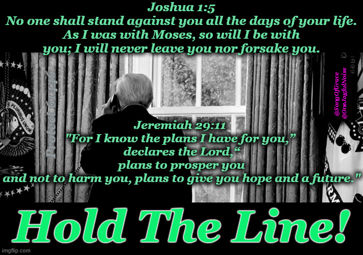 Joshua 1:5, Jeremiah 29:11 | Joshua 1:5
No one shall stand against you all the days of your life.
As I was with Moses, so will I be with you; I will never leave you nor forsake you. Jeremiah 29:11 
"For I know the plans I have for you,” 
declares the Lord,“
plans to prosper you and not to harm you, plans to give you hope and a future."; @SongOfGrace 
@OneJoyfulNoise; Protect 61446; Hold The Line! | image tagged in biblical encouragement | made w/ Imgflip meme maker