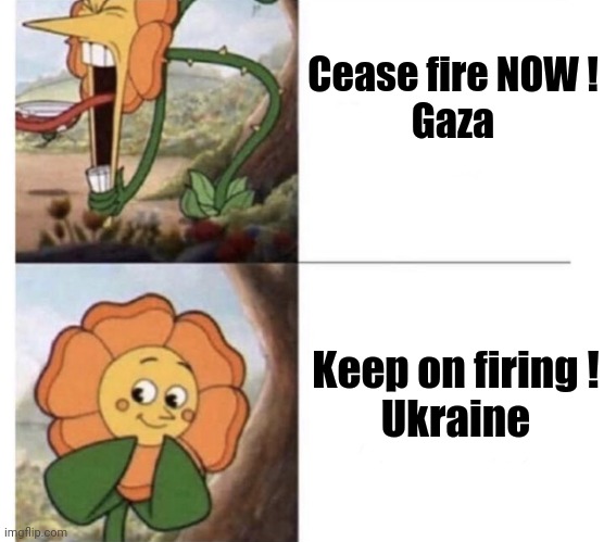 Cup head flower drake meme | Cease fire NOW !
Gaza Keep on firing !
Ukraine | image tagged in cup head flower drake meme | made w/ Imgflip meme maker