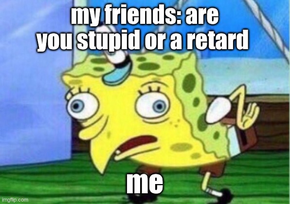Mocking Spongebob Meme | my friends: are you stupid or a retard; me | image tagged in memes,mocking spongebob | made w/ Imgflip meme maker