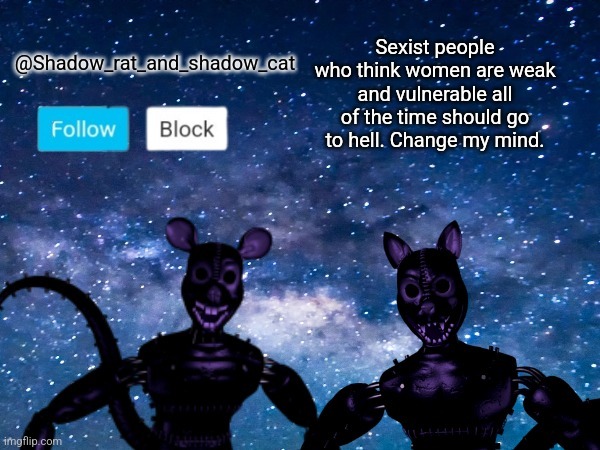 Shadow rat and cat announcement page | Sexist people who think women are weak and vulnerable all of the time should go to hell. Change my mind. | image tagged in shadow rat and cat announcement page | made w/ Imgflip meme maker