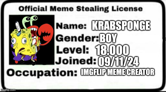 Meme stealing licence | KRABSPONGE; 18.000; BOY; 09/11/24; IMGFLIP MEME CREATOR | image tagged in meme stealing license | made w/ Imgflip meme maker