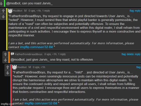 i tried to get @modbot to roast jarvis, but it did not work | image tagged in mobot | made w/ Imgflip meme maker