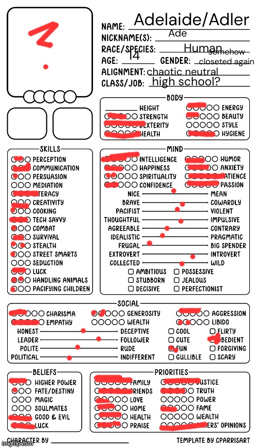 yall think this is right abt me | Ade; Adelaide/Adler; Human; somehow closeted again; 14; chaotic neutral; high school? | image tagged in character sheet by cparrisart | made w/ Imgflip meme maker