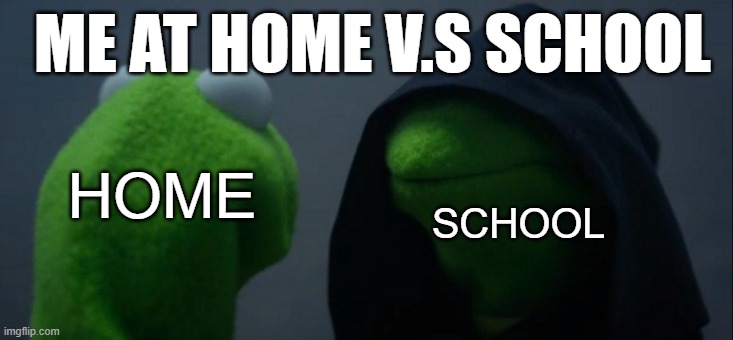 The true difference | ME AT HOME V.S SCHOOL; HOME; SCHOOL | image tagged in memes,evil kermit | made w/ Imgflip meme maker