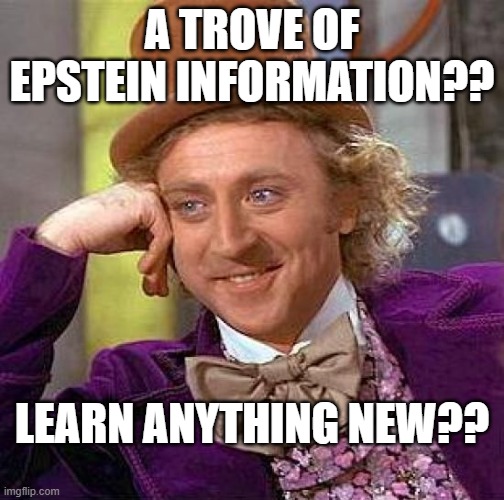 Creepy Condescending Wonka Meme | A TROVE OF EPSTEIN INFORMATION?? LEARN ANYTHING NEW?? | image tagged in memes,creepy condescending wonka | made w/ Imgflip meme maker