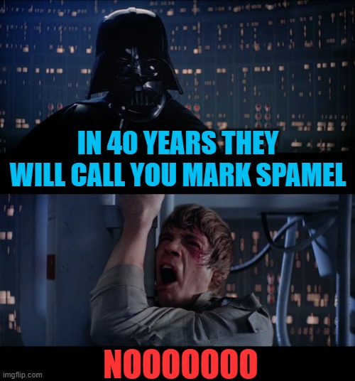 Star Wars No Meme | IN 40 YEARS THEY WILL CALL YOU MARK SPAMEL NOOOOOOO | image tagged in memes,star wars no | made w/ Imgflip meme maker