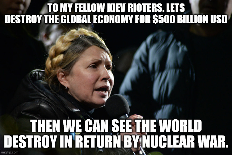 The February 2014 Kiev Riots. | TO MY FELLOW KIEV RIOTERS. LETS DESTROY THE GLOBAL ECONOMY FOR $500 BILLION USD; THEN WE CAN SEE THE WORLD DESTROY IN RETURN BY NUCLEAR WAR. | image tagged in yulia tymoshenko,russo-ukrainian war,kiev,zelensky,fools,scammers | made w/ Imgflip meme maker