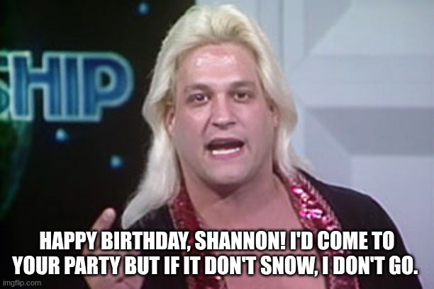 Happy birthday shannon | HAPPY BIRTHDAY, SHANNON! I'D COME TO YOUR PARTY BUT IF IT DON'T SNOW, I DON'T GO. | image tagged in happy birthday,shannon,buddy landel,pro wrestling | made w/ Imgflip meme maker