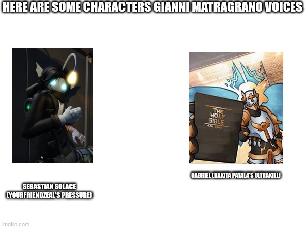 HERE ARE SOME CHARACTERS GIANNI MATRAGRANO VOICES SEBASTIAN SOLACE (YOURFRIENDZEAL'S PRESSURE) GABRIEL (HAKITA PATALA'S ULTRAKILL) | made w/ Imgflip meme maker