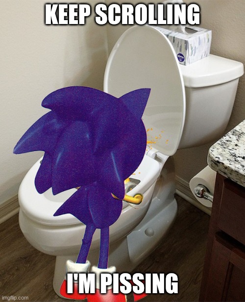 Sonic peeing in the toilet | KEEP SCROLLING; I'M PISSING | image tagged in sonic peeing in the toilet | made w/ Imgflip meme maker