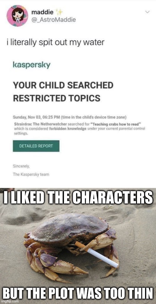 Crab reading | I LIKED THE CHARACTERS; BUT THE PLOT WAS TOO THIN | image tagged in smoking crab,crab,read,forbidden,restricted | made w/ Imgflip meme maker