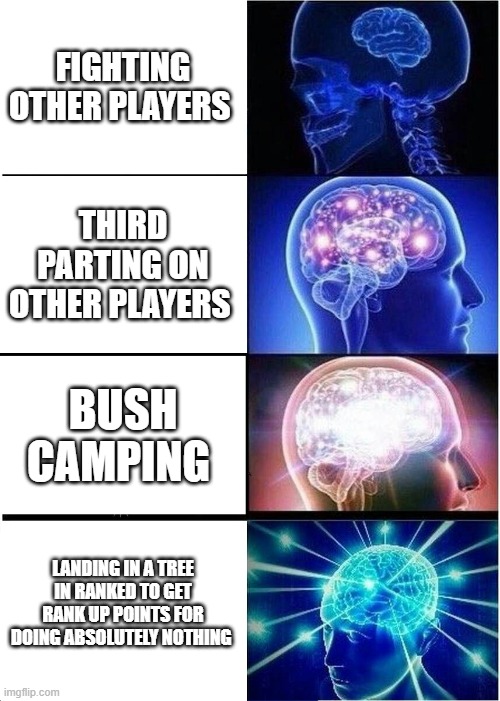 Expanding Brain | FIGHTING OTHER PLAYERS; THIRD PARTING ON OTHER PLAYERS; BUSH CAMPING; LANDING IN A TREE IN RANKED TO GET RANK UP POINTS FOR DOING ABSOLUTELY NOTHING | image tagged in memes,expanding brain | made w/ Imgflip meme maker