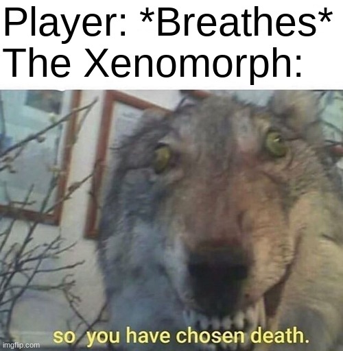 Pretty much any ALIEN game | Player: *Breathes*
The Xenomorph: | image tagged in so you have chosen death,xenomorph,alien isolation,alien,memes,funny | made w/ Imgflip meme maker