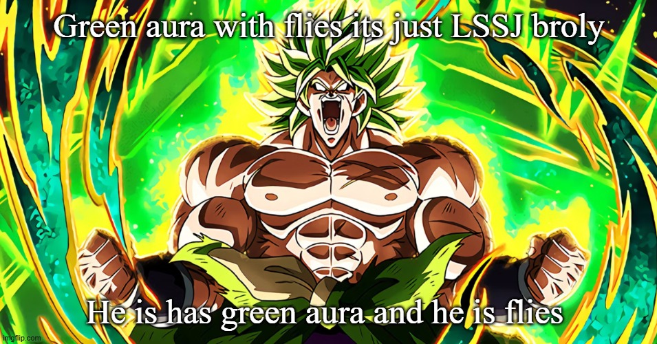 Green aura with flies its just LSSJ broly; He is has green aura and he is flies | made w/ Imgflip meme maker