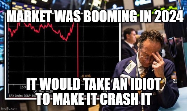 Trump economy | MARKET WAS BOOMING IN 2024; IT WOULD TAKE AN IDIOT
 TO MAKE IT CRASH IT | image tagged in the trump economy stock market | made w/ Imgflip meme maker