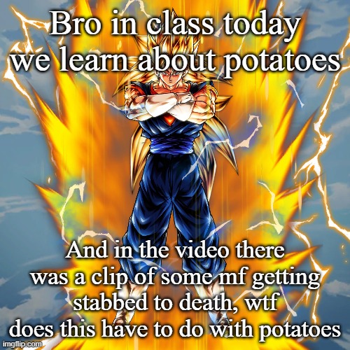 Bro in class today we learn about potatoes; And in the video there was a clip of some mf getting stabbed to death, wtf does this have to do with potatoes | made w/ Imgflip meme maker