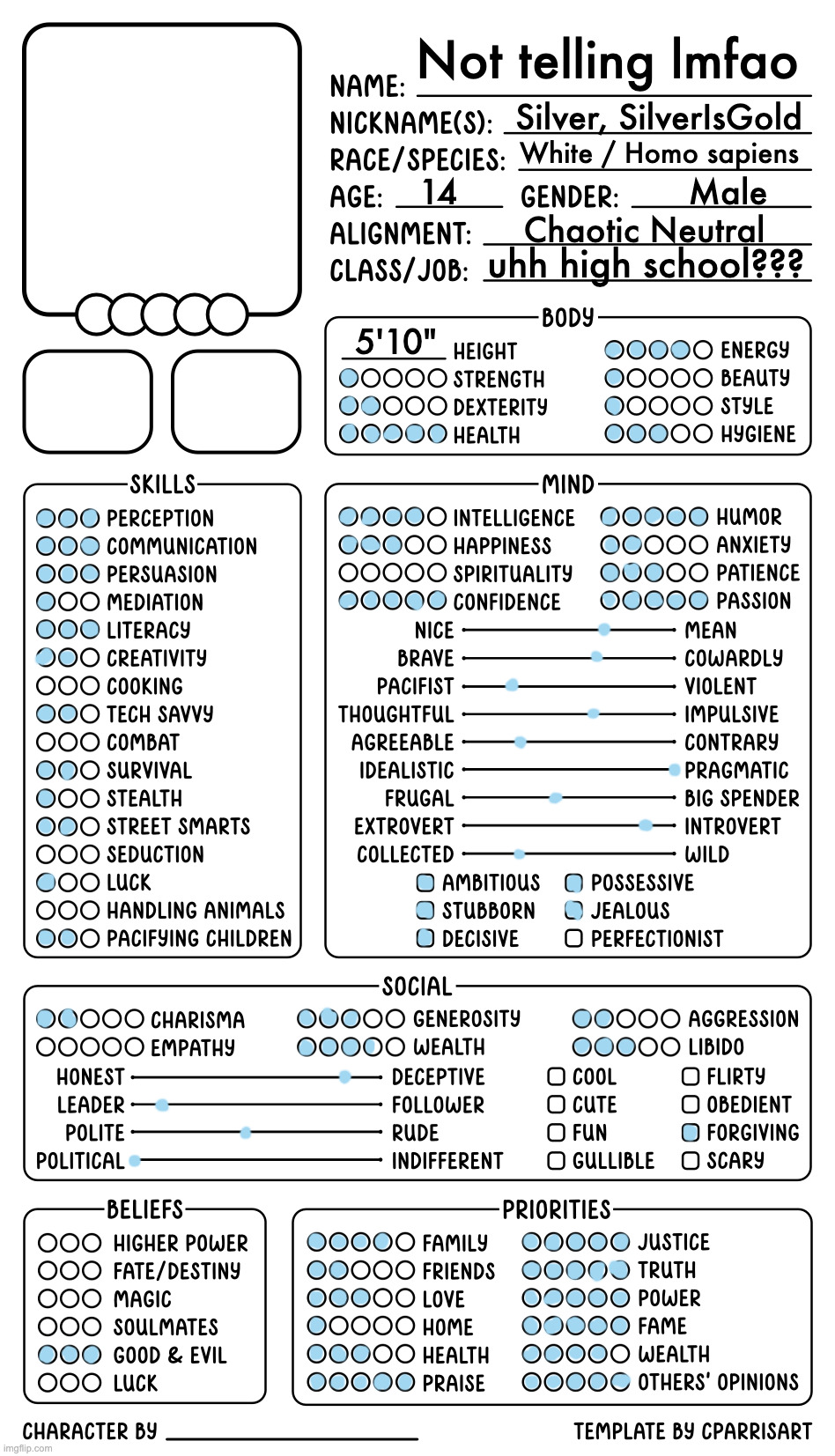 Doing this since Ade did it (Ade: wassup we got this goin on) | Not telling lmfao; Silver, SilverIsGold; White / Homo sapiens; 14; Male; Chaotic Neutral; uhh high school??? 5'10" | image tagged in character sheet by cparrisart | made w/ Imgflip meme maker