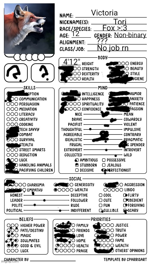 Sorry for being messy im in the car omw to the doctors lol | Victoria; 12; Tori; Fox >:3; Non-binary; ??? No job rn; 4'12" | image tagged in character sheet by cparrisart | made w/ Imgflip meme maker