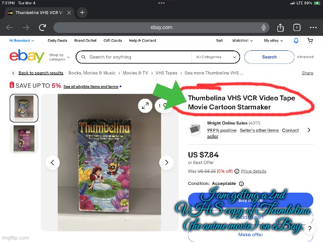 Thumbelina (1994 VHS) (2nd Copy) | I am getting a 2nd VHS copy of Thumbelina (the anime movie) on eBay. | image tagged in anime,vhs,90s,vintage,90s kids,cartoon | made w/ Imgflip meme maker