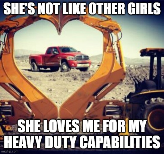 heavy duty capabilities | SHE’S NOT LIKE OTHER GIRLS; SHE LOVES ME FOR MY HEAVY DUTY CAPABILITIES | image tagged in memes | made w/ Imgflip meme maker