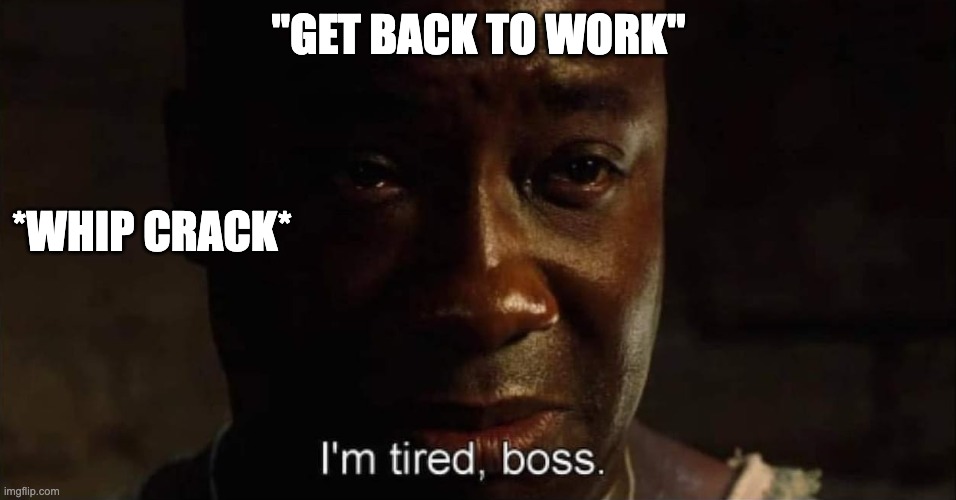 Back to work | "GET BACK TO WORK"; *WHIP CRACK* | image tagged in i'm tired boss | made w/ Imgflip meme maker