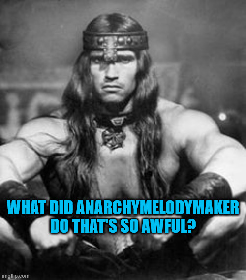 All I got was something about dad, or dead, maybe both? | WHAT DID ANARCHYMELODYMAKER DO THAT'S SO AWFUL? | image tagged in conan the barbarian | made w/ Imgflip meme maker