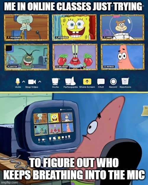 online classes | ME IN ONLINE CLASSES JUST TRYING; TO FIGURE OUT WHO KEEPS BREATHING INTO THE MIC | image tagged in memes | made w/ Imgflip meme maker