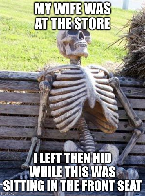 Lmfao at this rn | MY WIFE WAS AT THE STORE; I LEFT THEN HID WHILE THIS WAS SITTING IN THE FRONT SEAT | image tagged in memes,waiting skeleton,funny,true | made w/ Imgflip meme maker