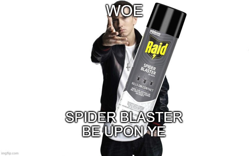 pov: you're an mf with spider motifs/use strings to fight | WOE; SPIDER BLASTER
BE UPON YE | image tagged in woe plague be upon ye | made w/ Imgflip meme maker