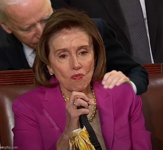 What does Pelosi have in her mouth? | @CALJFREEMAN1 | image tagged in nancy pelosi,pelosi,nancy pelosi wtf,maga,democrats,stupid liberals | made w/ Imgflip meme maker