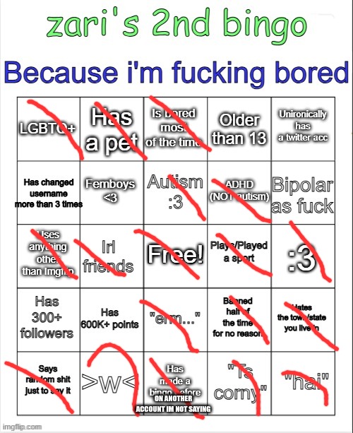 zari's 2nd bingo | ON ANOTHER ACCOUNT IM NOT SAYING | image tagged in zari's 2nd bingo | made w/ Imgflip meme maker