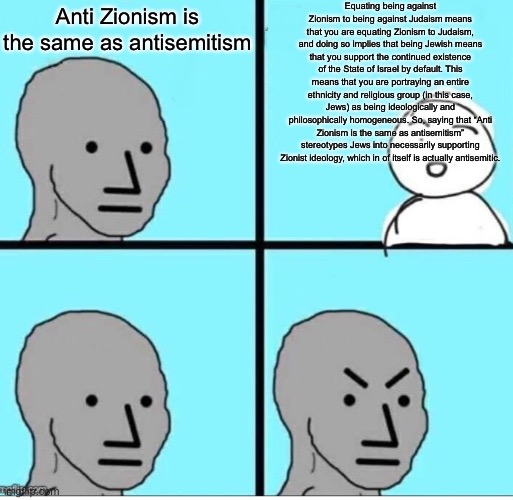 Behold, the shortest Anti-Zionist meme | Equating being against Zionism to being against Judaism means that you are equating Zionism to Judaism, and doing so implies that being Jewish means that you support the continued existence of the State of Israel by default. This means that you are portraying an entire ethnicity and religious group (in this case, Jews) as being ideologically and philosophically homogeneous. So, saying that “Anti Zionism is the same as antisemitism” stereotypes Jews into necessarily supporting Zionist ideology, which in of itself is actually antisemitic. Anti Zionism is the same as antisemitism | image tagged in npc 4 panel,free,palestine | made w/ Imgflip meme maker