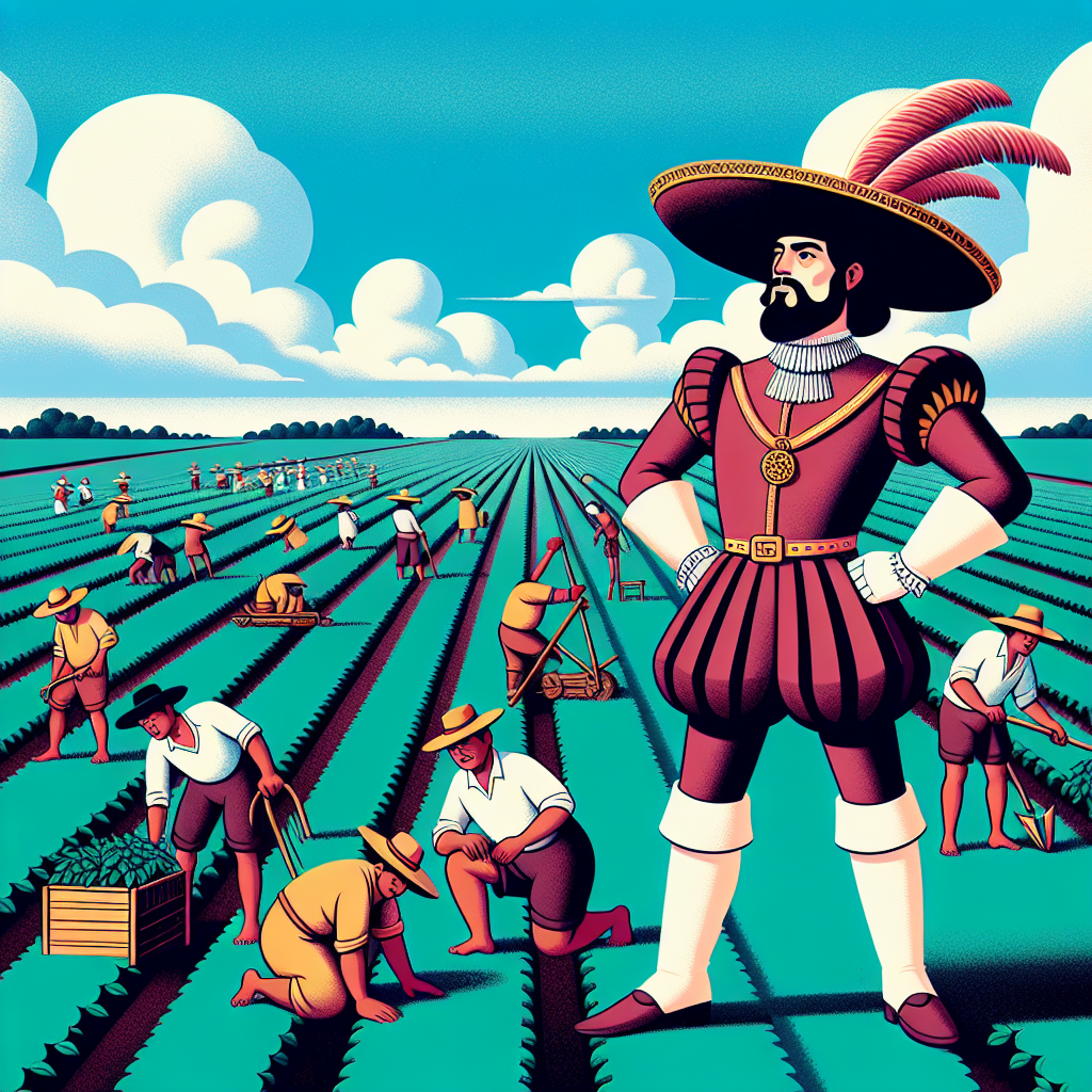 Un conquistador español rodeado de indigenas trabajando en plant Blank Meme Template