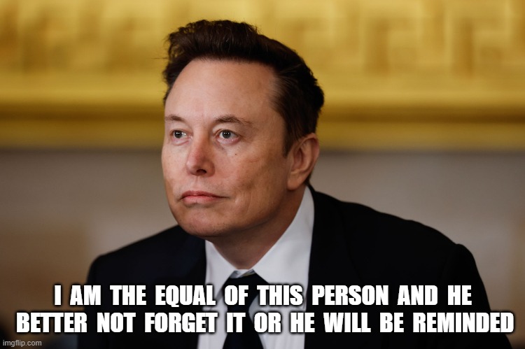 Democracy is His Enemy | I  AM  THE  EQUAL  OF  THIS  PERSON  AND  HE  BETTER  NOT  FORGET  IT  OR  HE  WILL  BE  REMINDED | image tagged in elon musk | made w/ Imgflip meme maker
