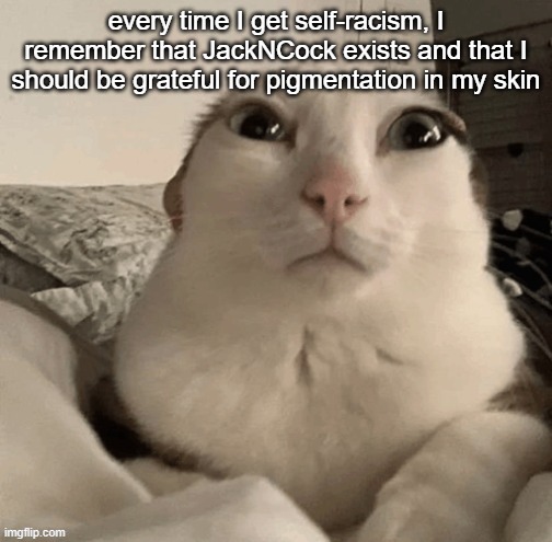 goober | every time I get self-racism, I remember that JackNCock exists and that I should be grateful for pigmentation in my skin | image tagged in goober | made w/ Imgflip meme maker