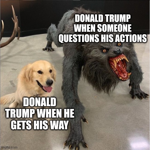 Donald trump | DONALD TRUMP WHEN SOMEONE QUESTIONS HIS ACTIONS; DONALD TRUMP WHEN HE GETS HIS WAY | image tagged in dog vs werewolf | made w/ Imgflip meme maker