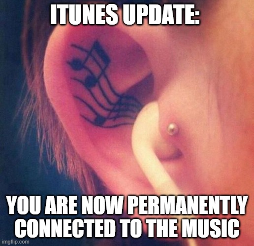 music | ITUNES UPDATE:; YOU ARE NOW PERMANENTLY CONNECTED TO THE MUSIC | image tagged in memes | made w/ Imgflip meme maker